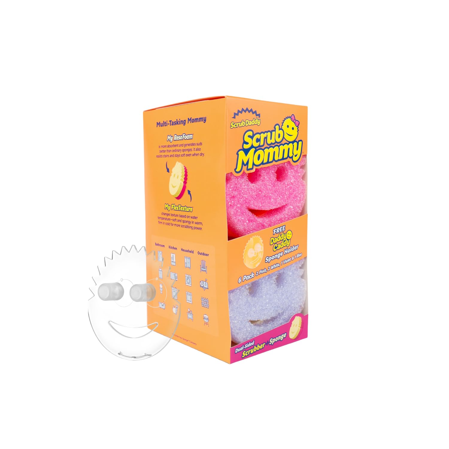 Scrub Daddy 6 Scrub Mommy Kitchen Sponges & 1 Daddy Caddy Sponge Holder - Scratch-Free for Dishes & Multipurpose Cleaning - BPA Free & Made with Polymer Foam - Stain & Odor Resistant