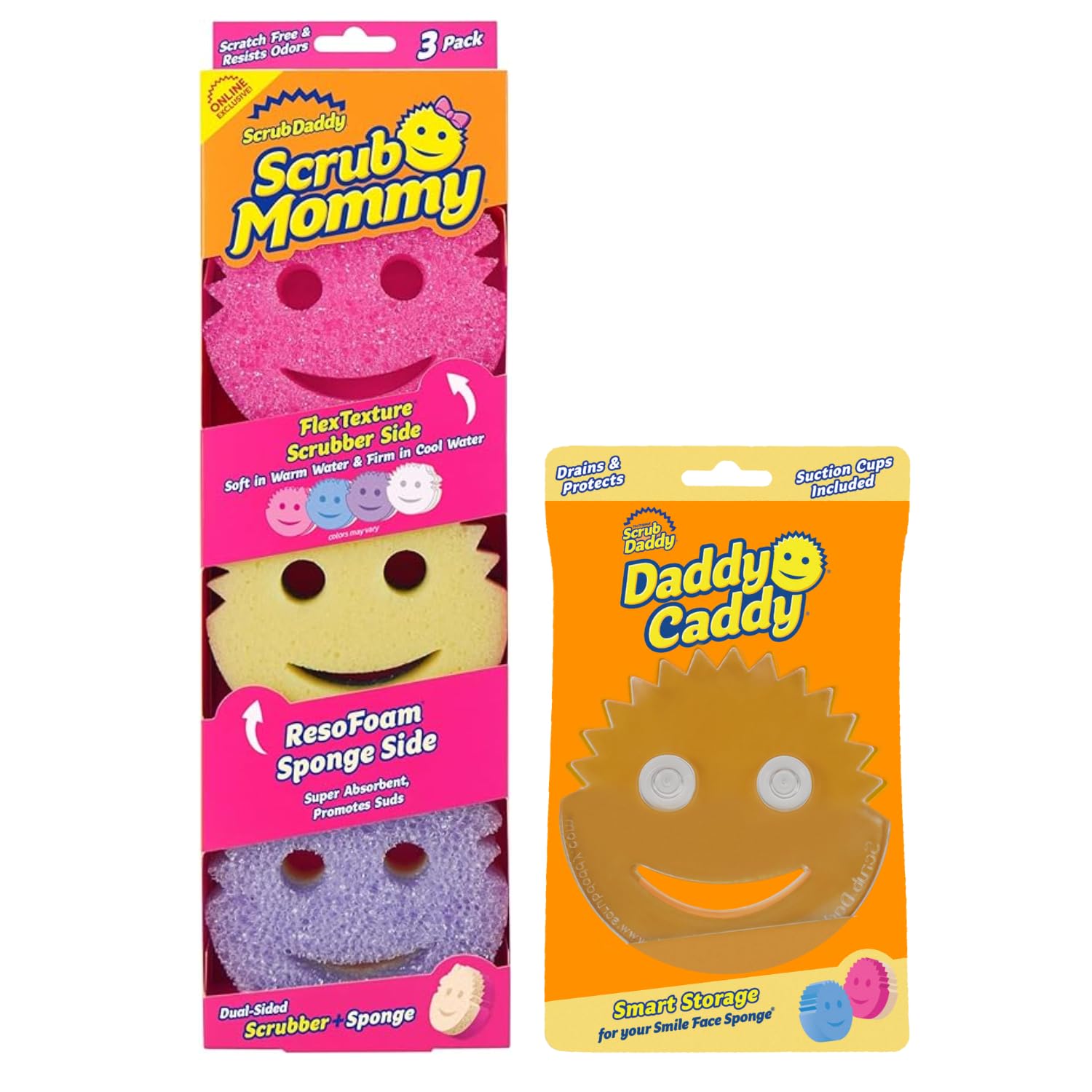 Scrub Daddy Scrub Mommy Colors 3ct + Daddy Caddy - Scratch-Free Multipurpose Dish Sponge + Sponge Holder - BPA Free & Made with Polymer Foam - Stain & Odor Resistant Kitchen Sponge