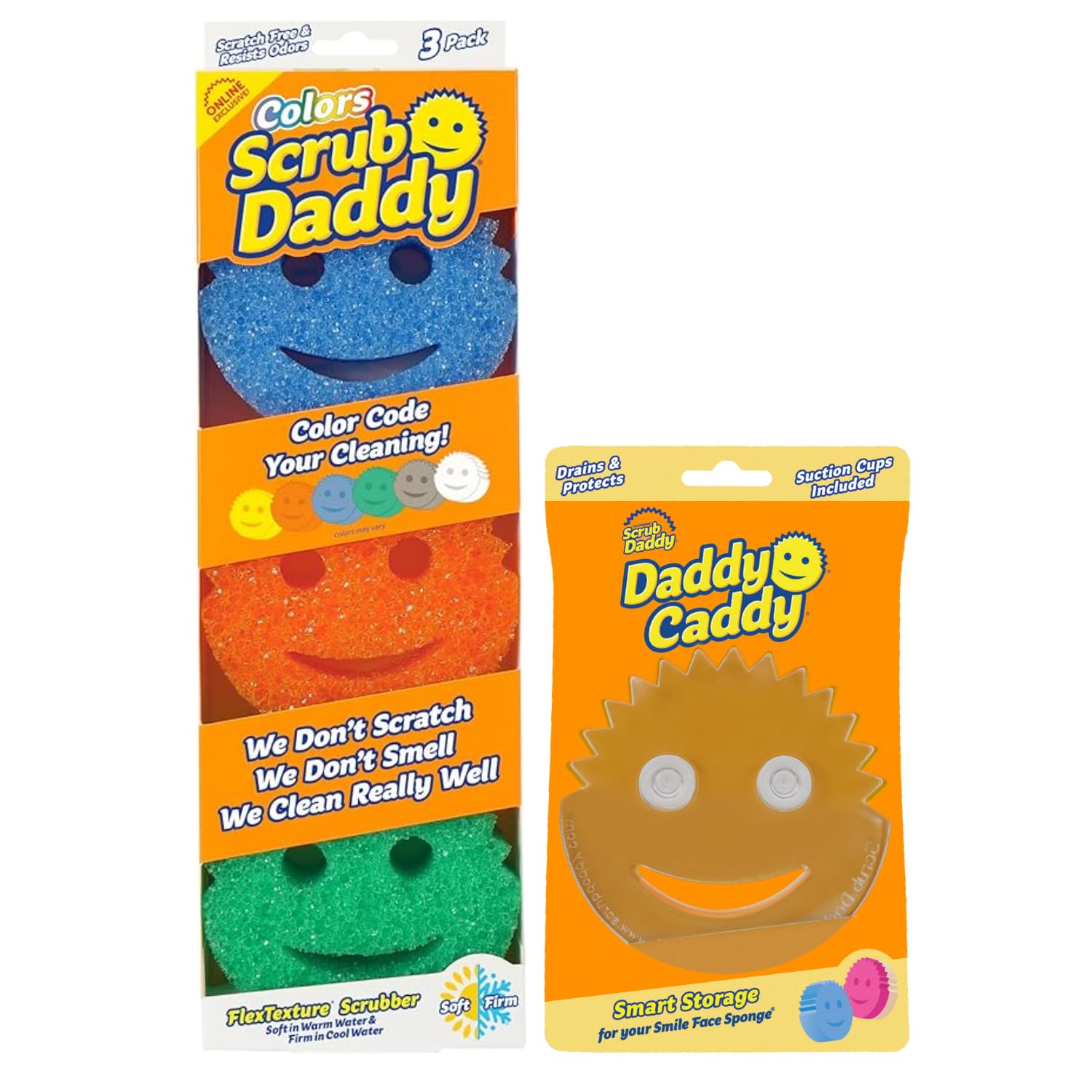 Scrub Daddy Colors 3ct + Daddy Caddy - Scratch-Free Multipurpose Dish Sponge + Sponge Holder - BPA Free & Made with Polymer Foam - Stain & Odor Resistant Kitchen Sponge