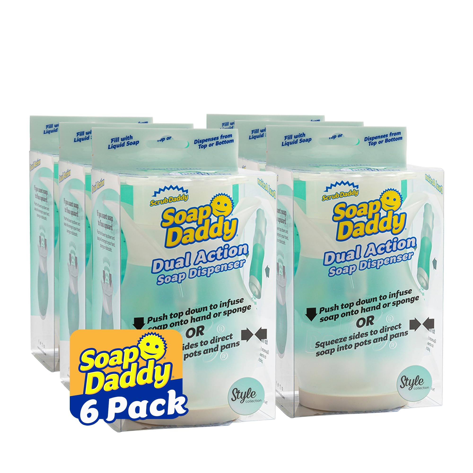 Scrub Daddy Soap Daddy - Dual-Sided Liquid Dish Soap Dispenser for Kitchen Sink + Bathroom Cleanup - Refillable + Easy to Use Countertop Essential - Use with Dish or Hand Soap - 1 Count (6 Pack)