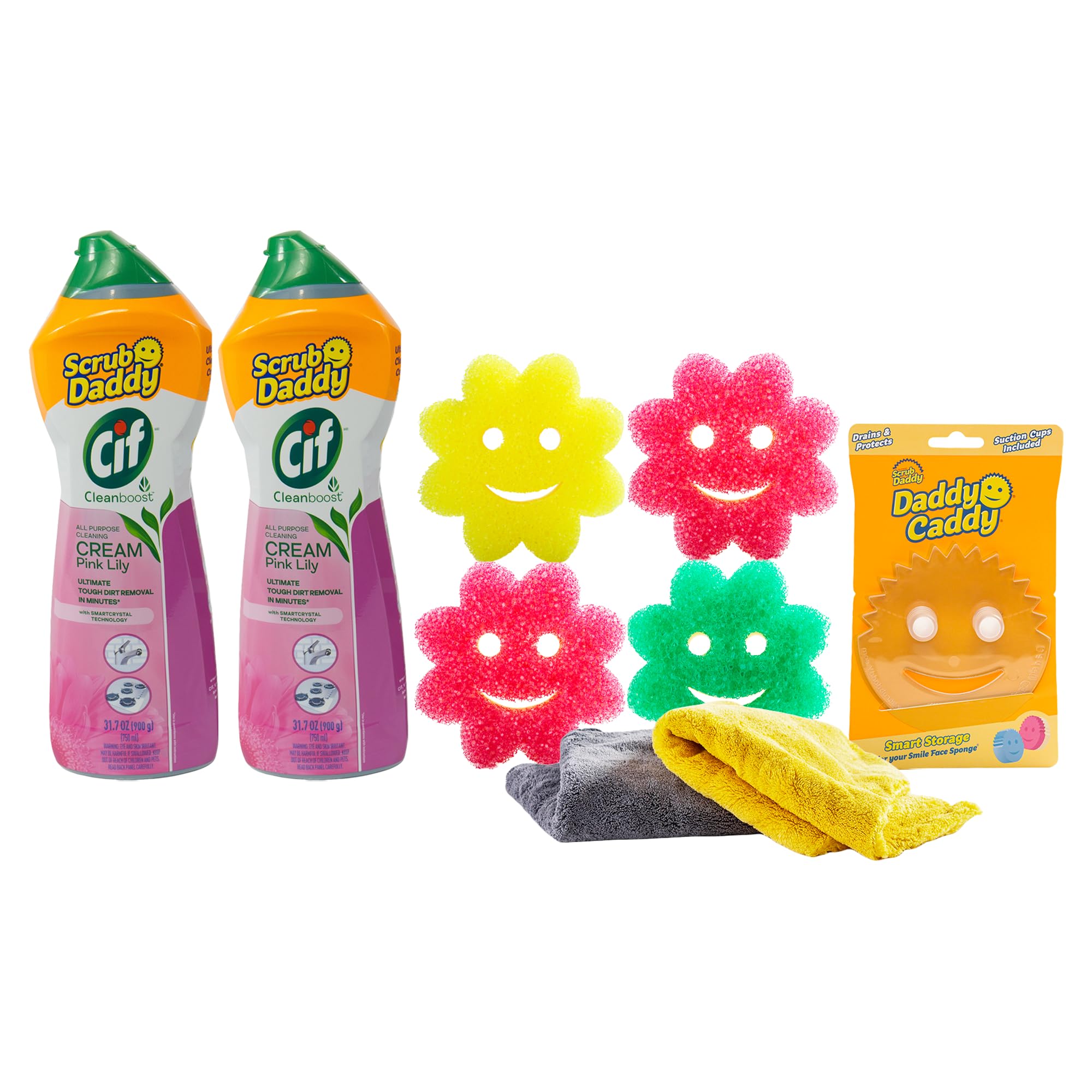 Scrub Daddy Cleaning Supplies Kit - Cif Floral Bundle - Includes Scrub Mommy Dish Sponges, Microfiber Towels, Kitchen Sink Caddy & Cif Cream All Purpose Cleaner, Pink Lilly (9 Count)