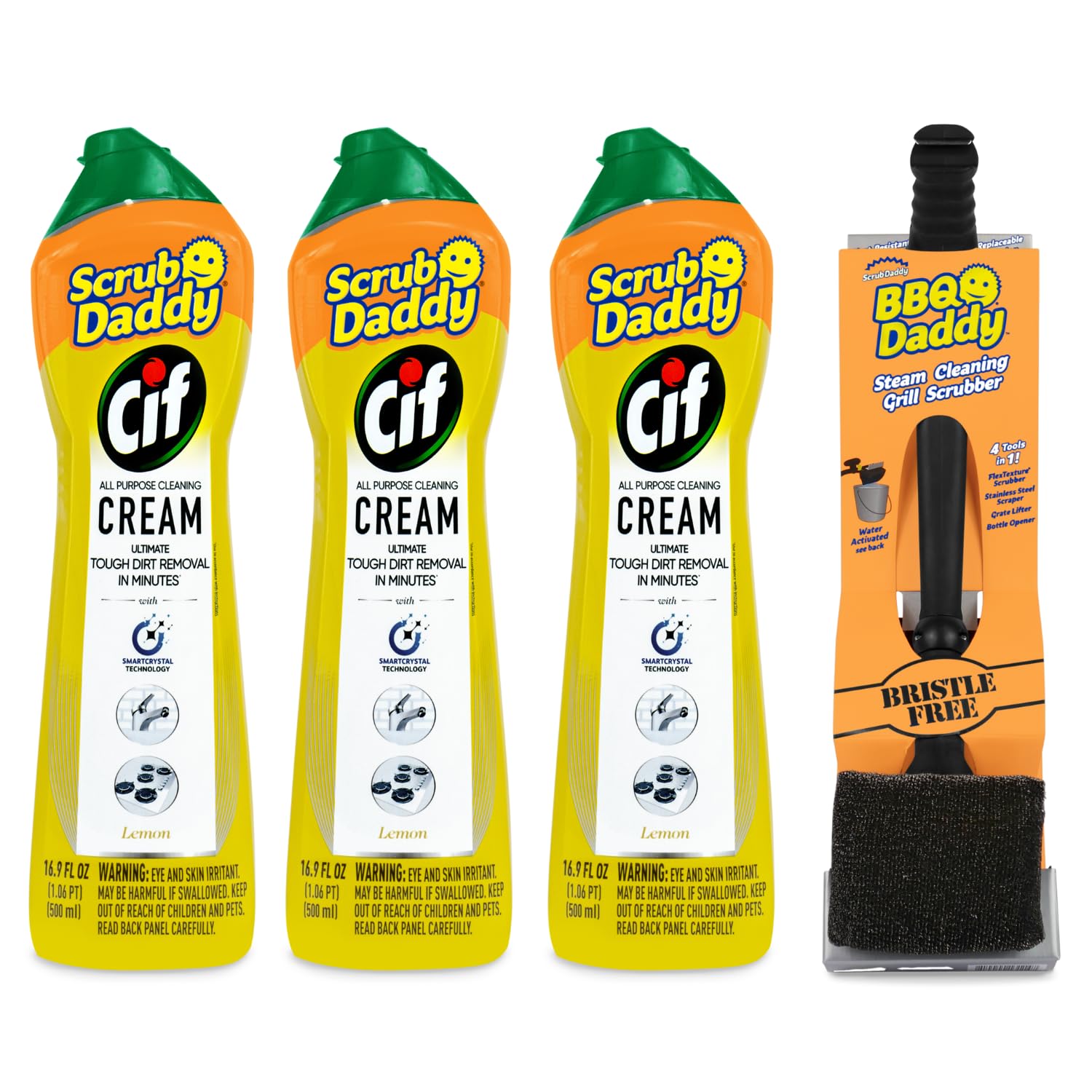 Scrub Daddy + Cif Bundle - Includes 3 Cif Cream All Purpose Cleaner, Lemon Scent and BBQ Daddy Bristle-Free Grill Brush (4 Count Set)