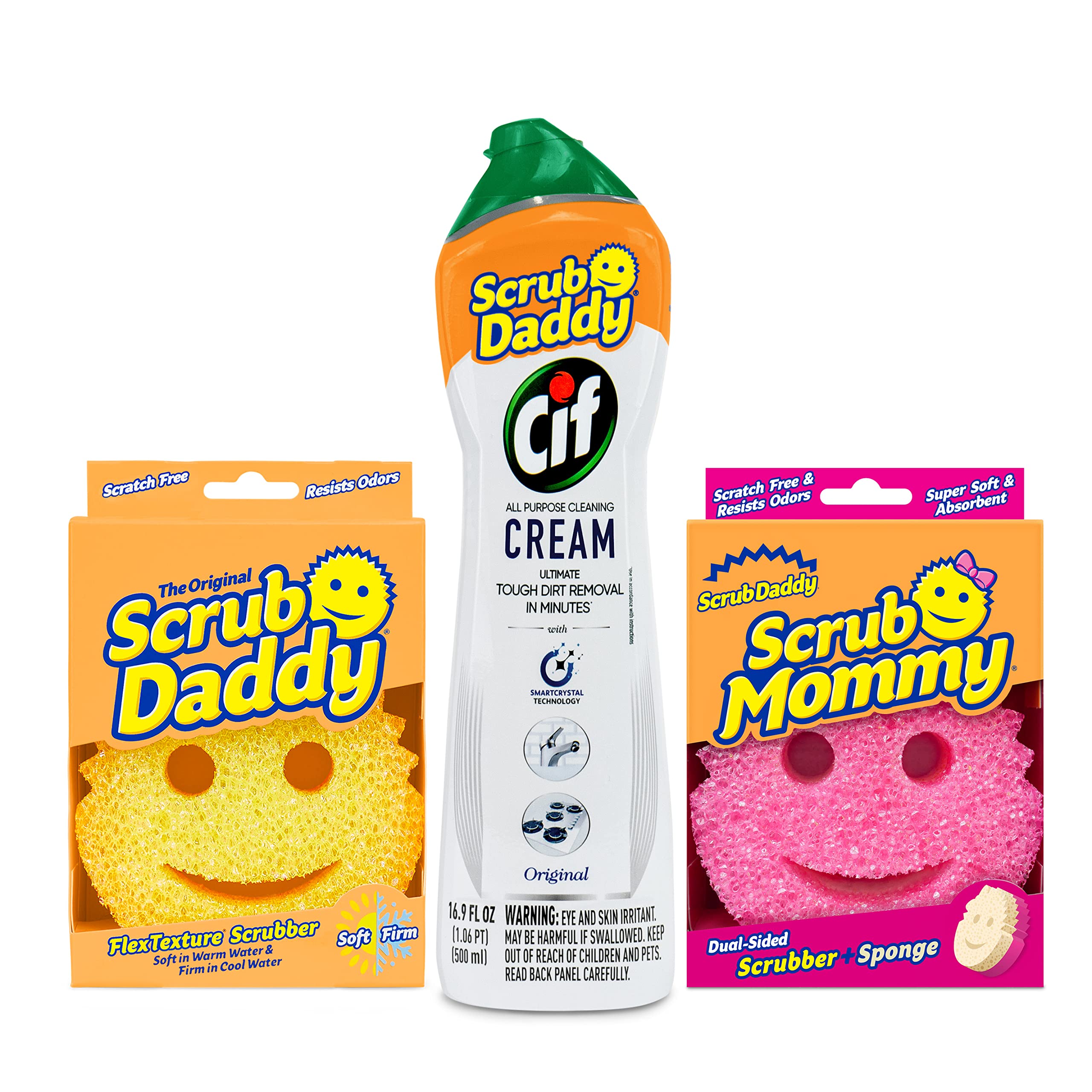 Scrub Daddy Sponges + Scrub Mommy + Cif All Purpose Cleaner, Original - Non Scratch Sponges for Kitchen + Bathroom - Scrubber and Multipurpose Cleaner Cream - Cleaning Supplies Kit